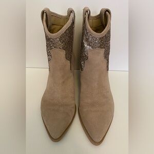 Dolce Vita, light tan suede cowboy booties with silver glitter detail, 8.5 Wn